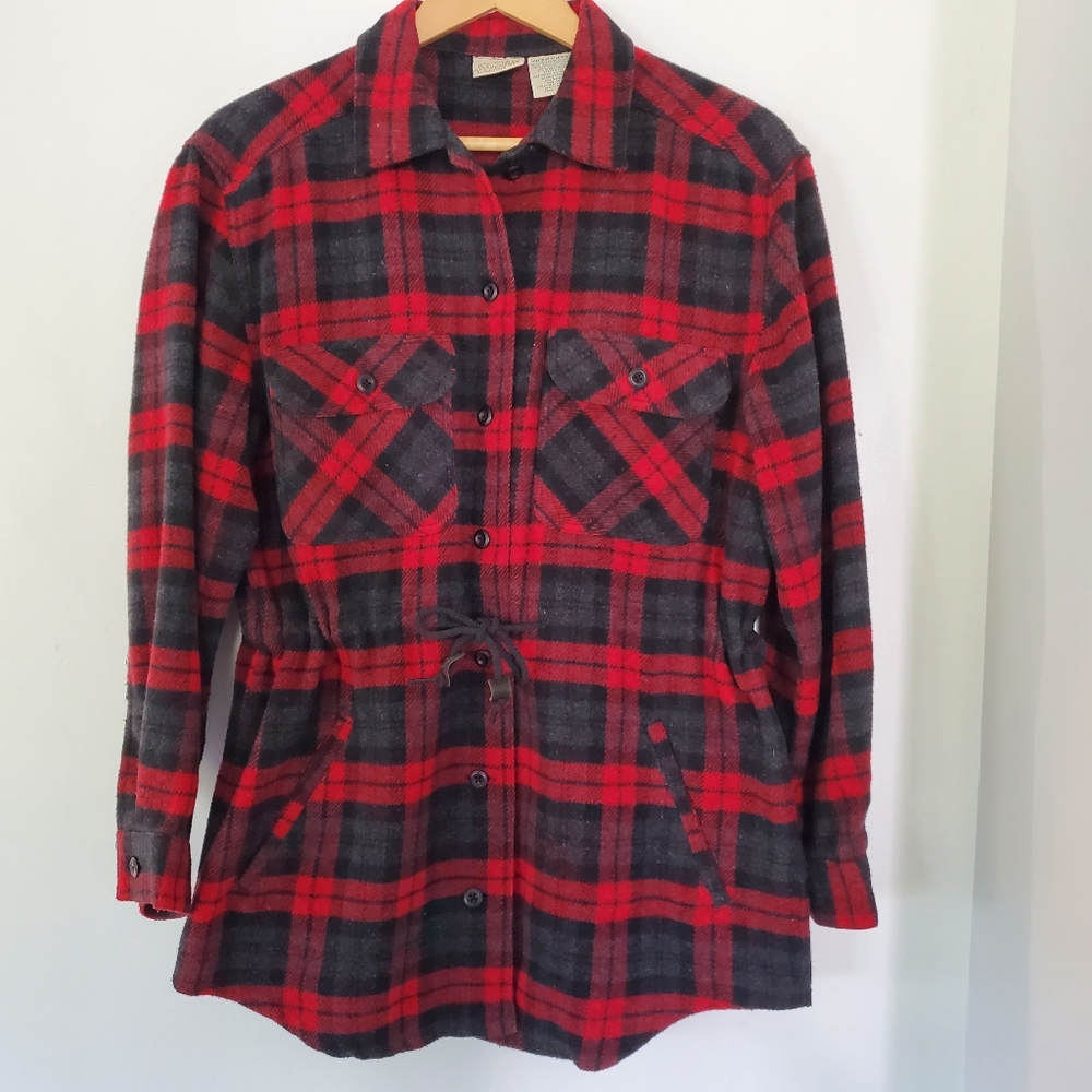 Vintage Red Black Plaid Wool Blend Button Up Jacket Sz M Cinch Waist Cabin Boho